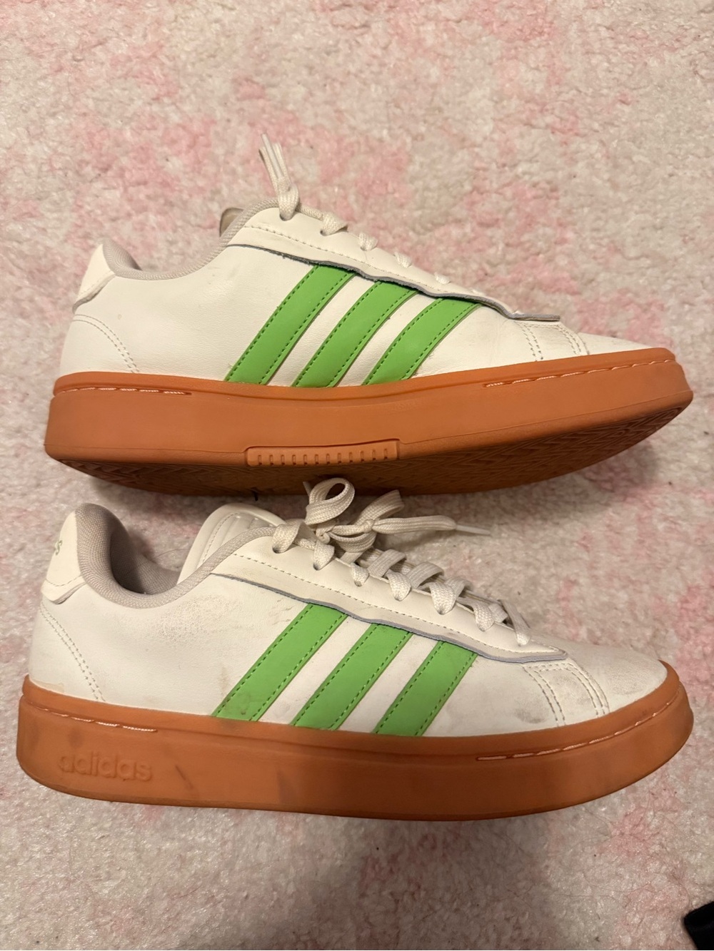adidas White Sneakers with Lime Green Stripes and tan Sole